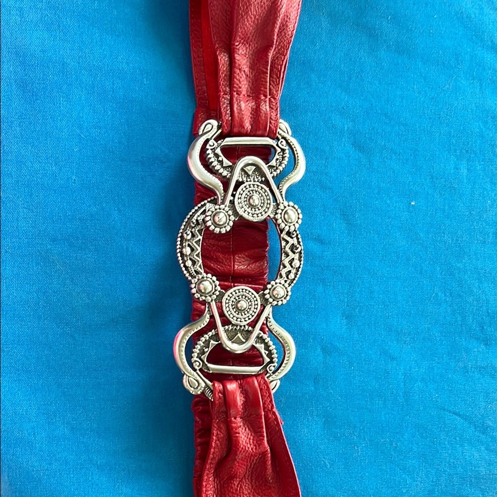 Chico's Burgundy and Gold Leather Belt with Luxurious Accents